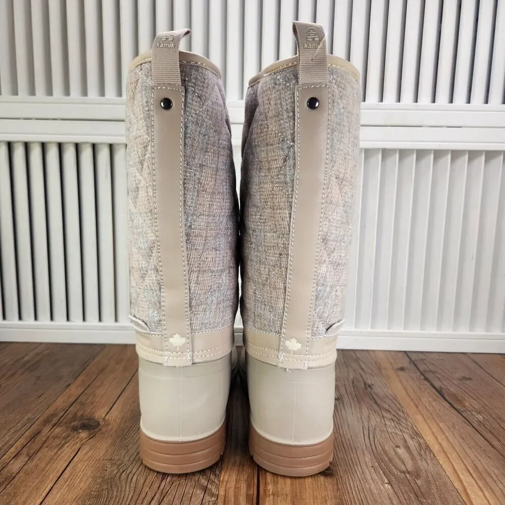 Kamik Abigail Oat Womens Size 6 Beige Plaid Quilted Rubber Waterproof Rain Boots